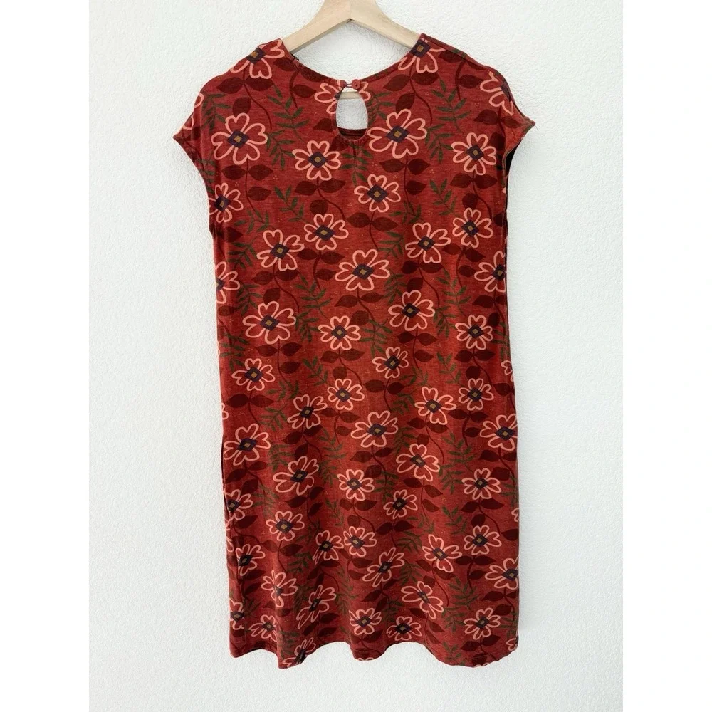Gudrun Sjoden Floral Cap Sleeve Jersey Stretch Dress Small Red Pockets Boho